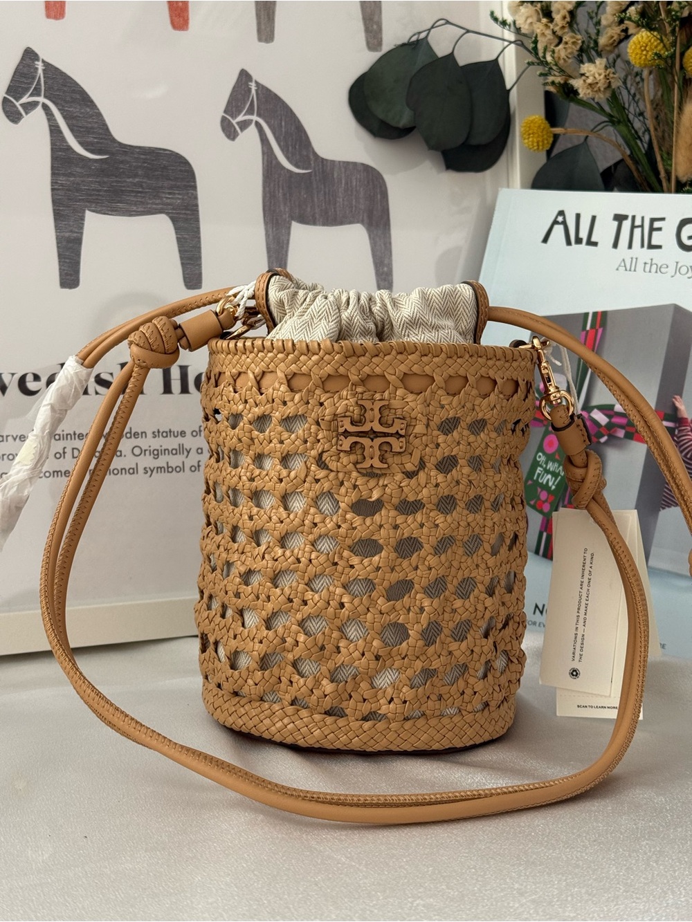 Tory Burch Woven Bucket Bag 176058 Honeycomb Tan  Woven Leather